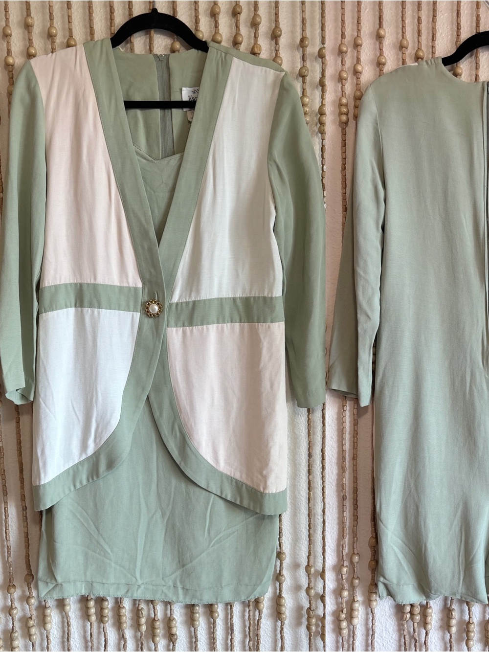 Kwai Vintage Chic Glam 80s Sage Green Cream Vintage Jacket Dress Business Dress